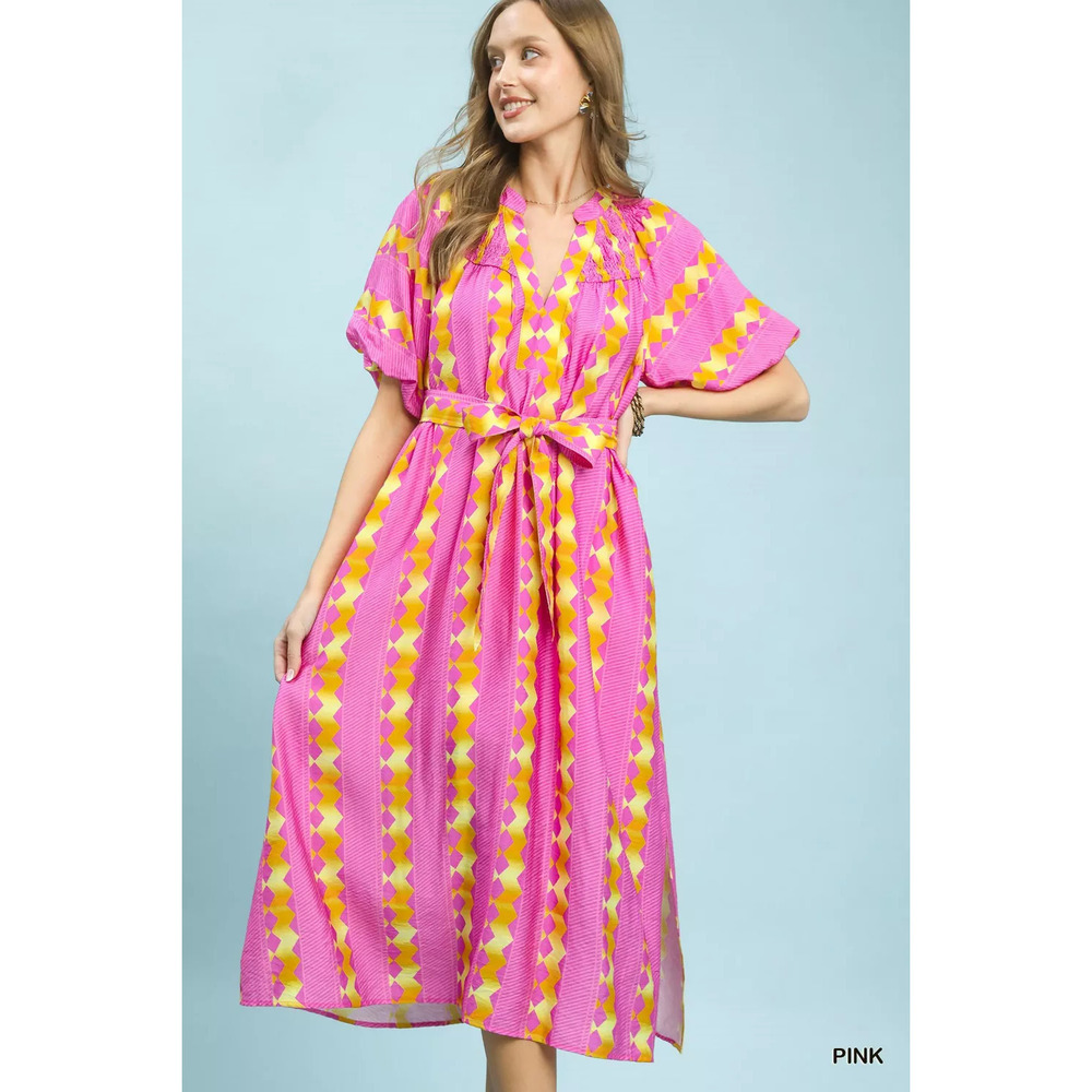 Umgee Geo Stripe Smocked Waist Tie Dress